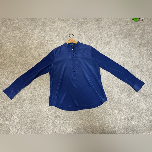 Lauren Ralph Lauren 100% Silk Blouse Blue Long Sleeve Size L Luxury Office Work - Picture 5 of 9